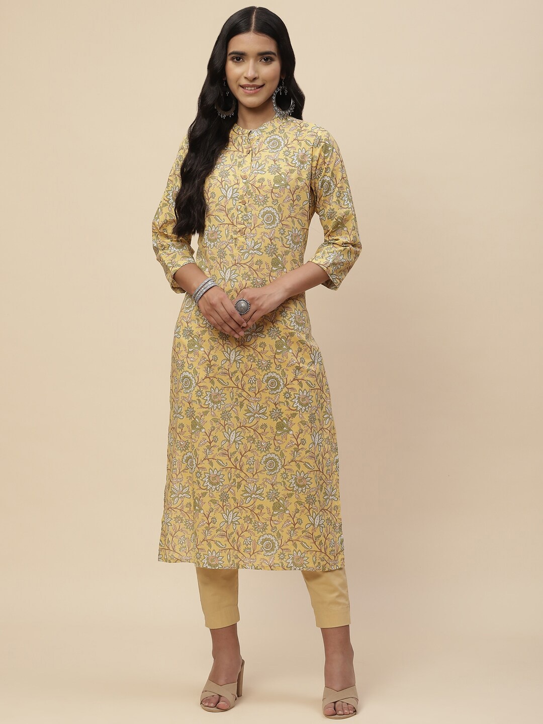 

Meena Bazaar Women Mustard Yellow & Green Floral Printed Pure Cotton Kurta