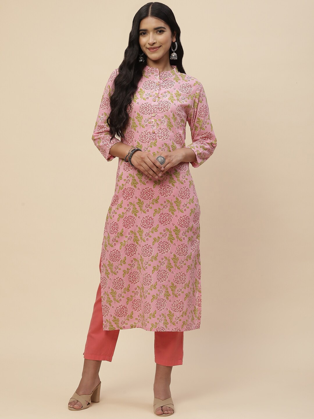 

Meena Bazaar Floral Printed Straight Regular Fit Pure Cotton Kurta, Pink