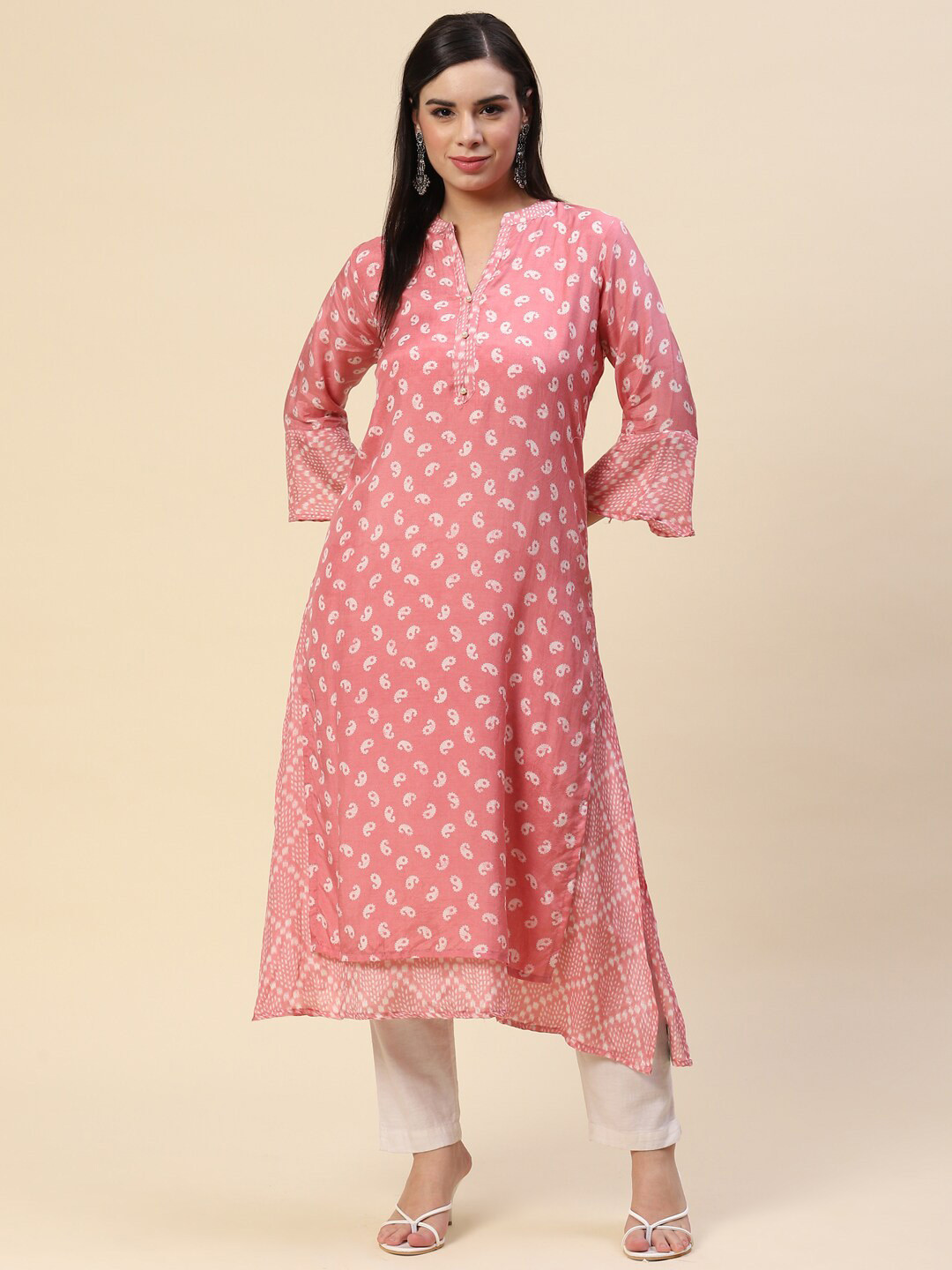 

Meena Bazaar Women Peach-Coloured & Off White Paisley Printed Kurta