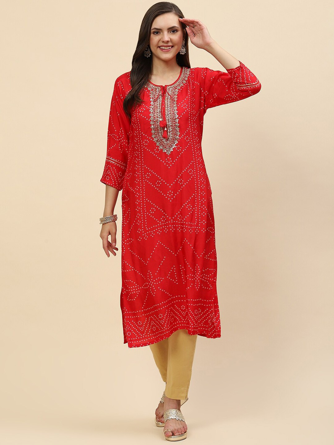 

Meena Bazaar Women Red Ethnic Motifs Printed Thread Work Kurta