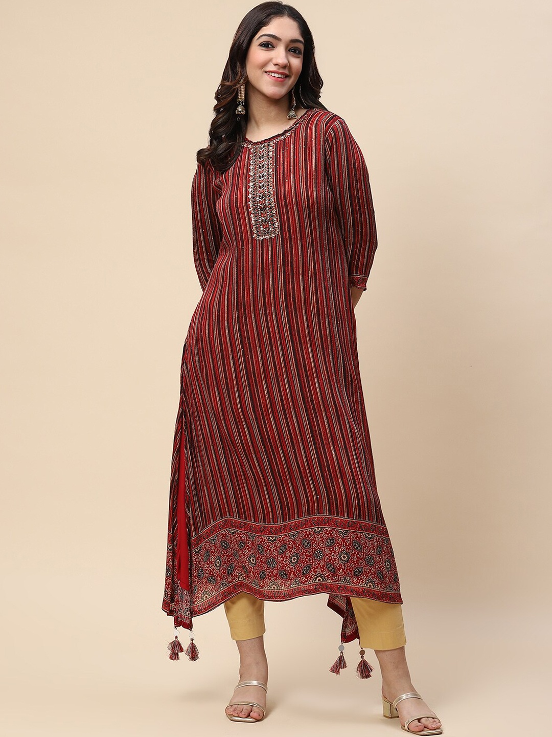 

Meena Bazaar Women Red & Maroon Striped Georgette Kurta