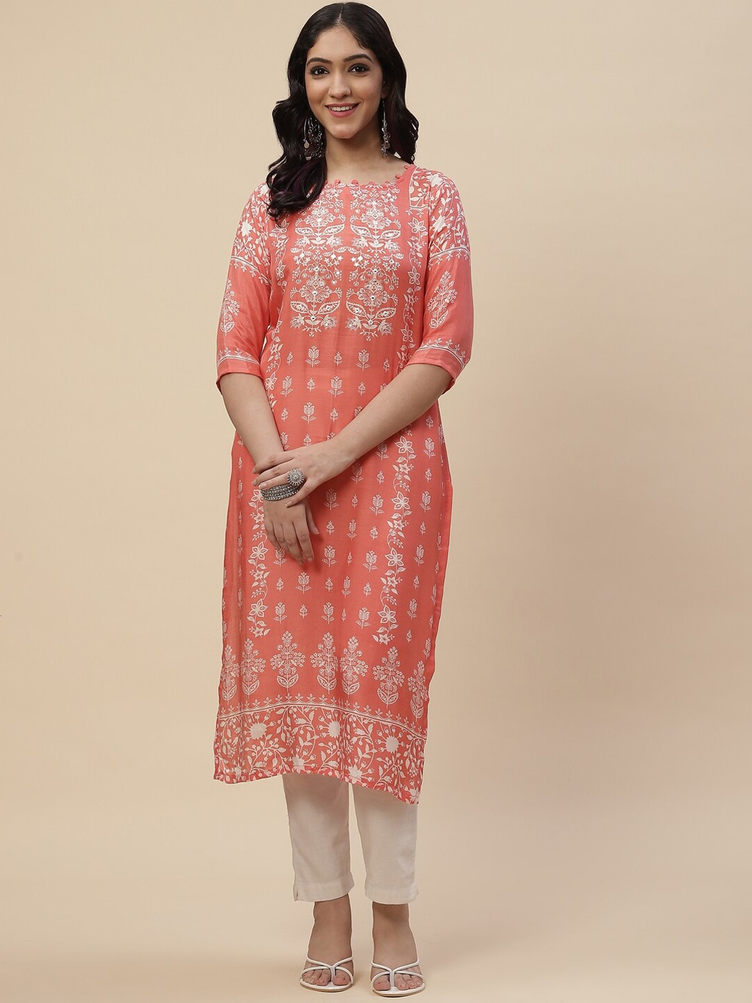 

Meena Bazaar Women Coral Ethnic Motifs Printed Chikankari Kurta