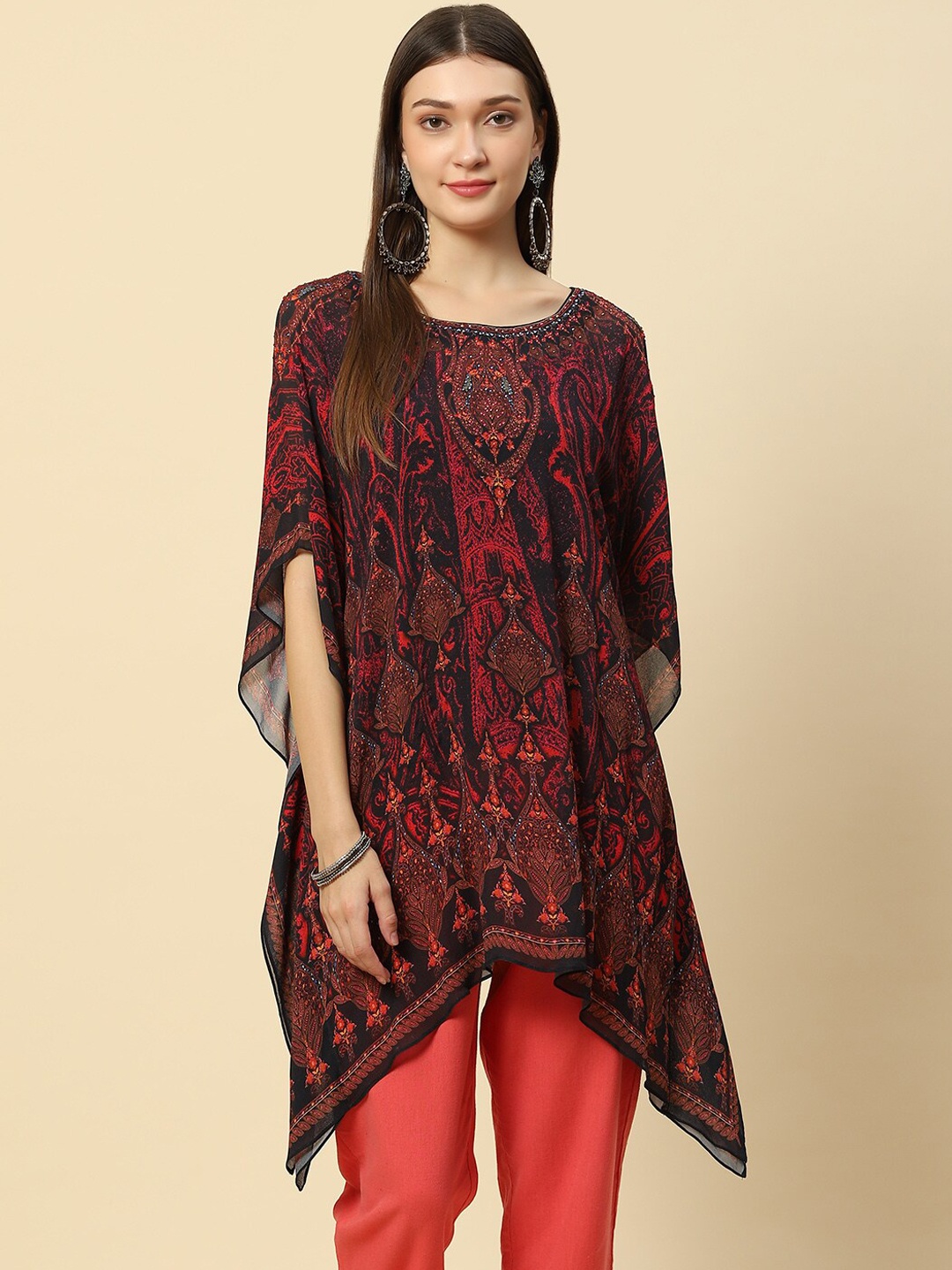 

Meena Bazaar Women Black & Red Printed Thread Work Silk Georgette Kaftan Kurta