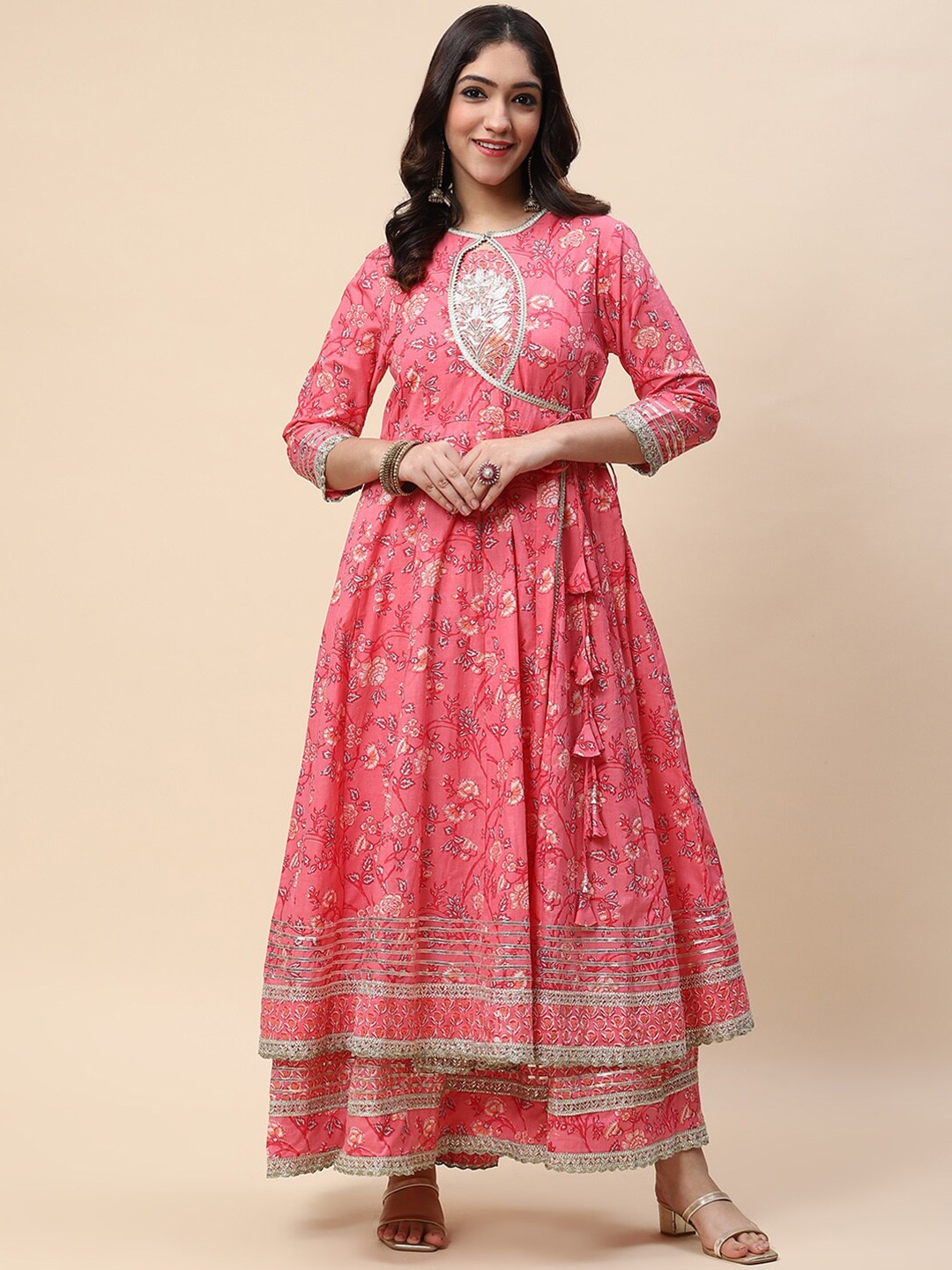 

Meena Bazaar Women Pink Floral Printed Thread Work Pure Cotton Anarkali Kurta
