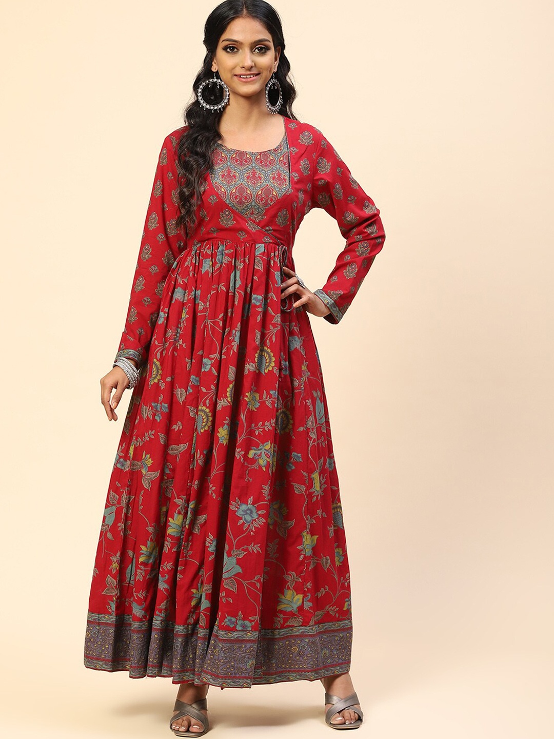

Meena Bazaar Women Red & Blue Floral Printed Anarkali Kurta