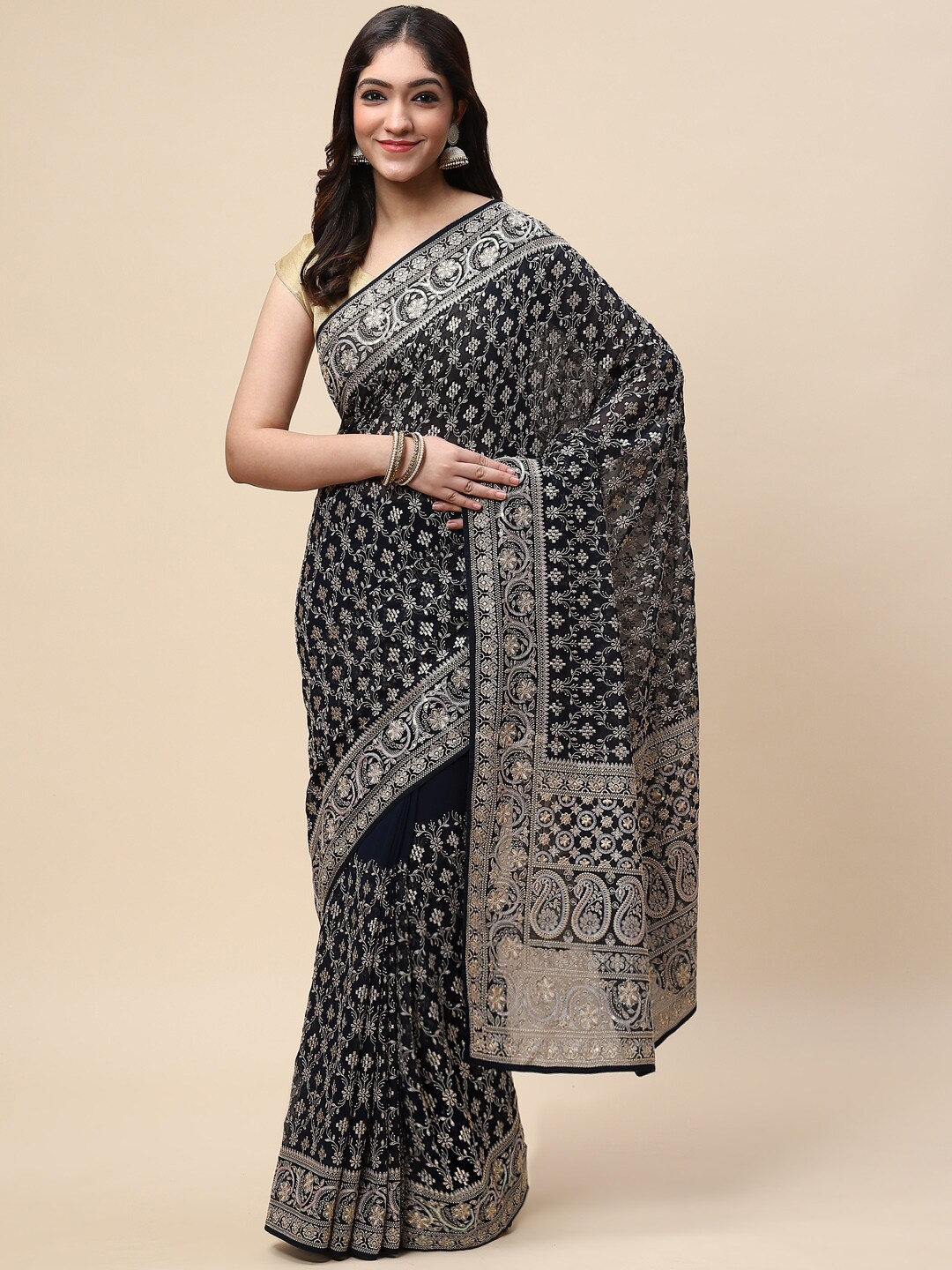 

Meena Bazaar Navy Blue & Silver-Toned Woven Design Pure Georgette Saree