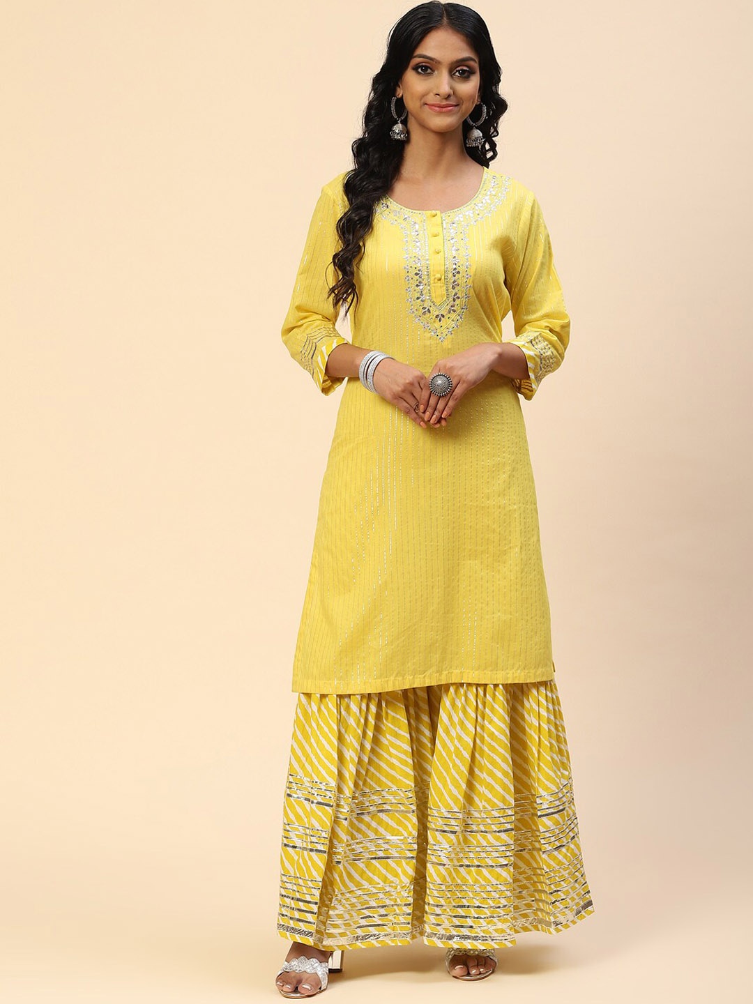 

Meena Bazaar Women Yellow Striped Thread Work Pure Cotton Kurta with Sharara