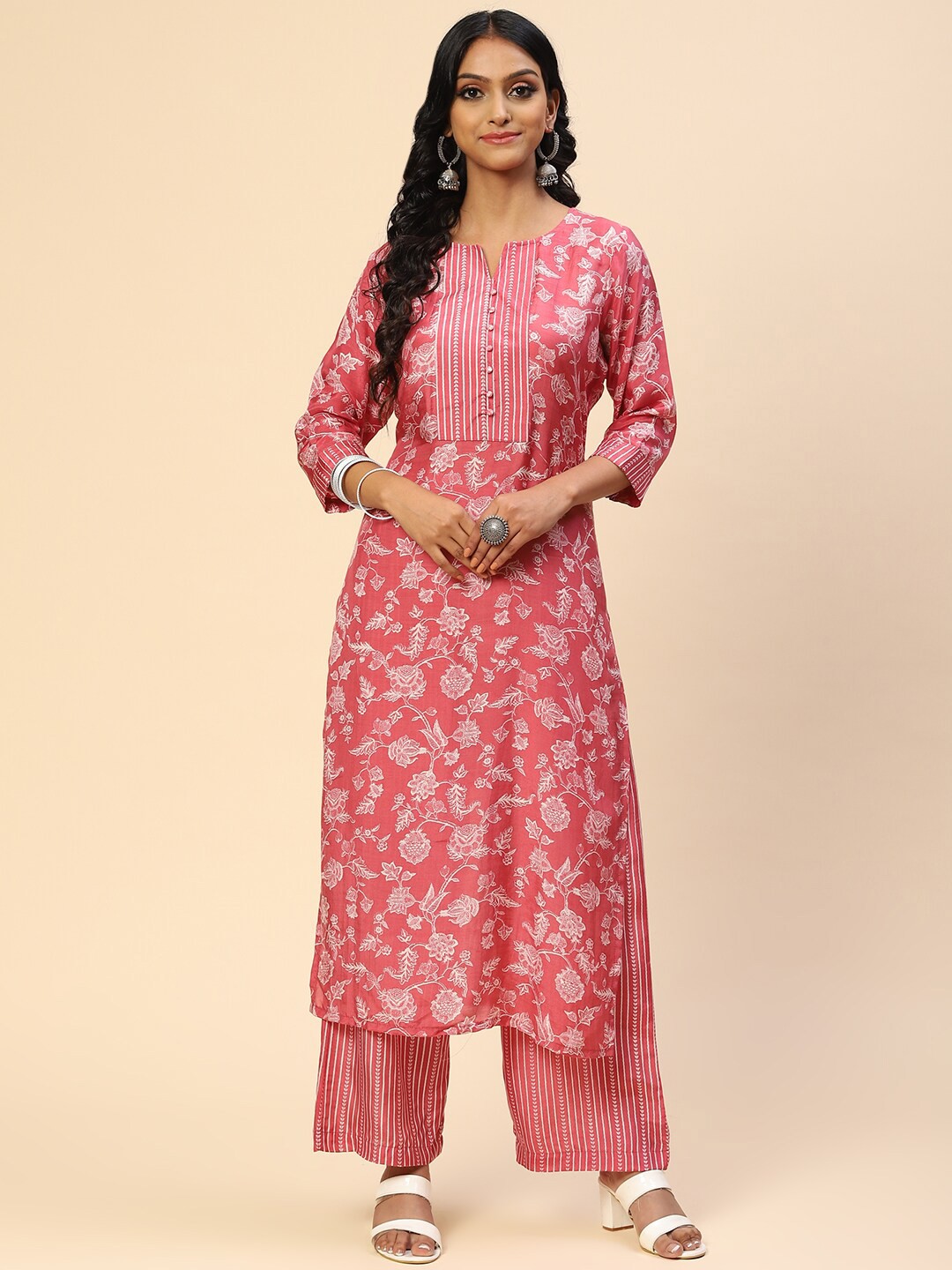 

Meena Bazaar Women Pink Floral Printed Dupion Silk Kurta with Trousers
