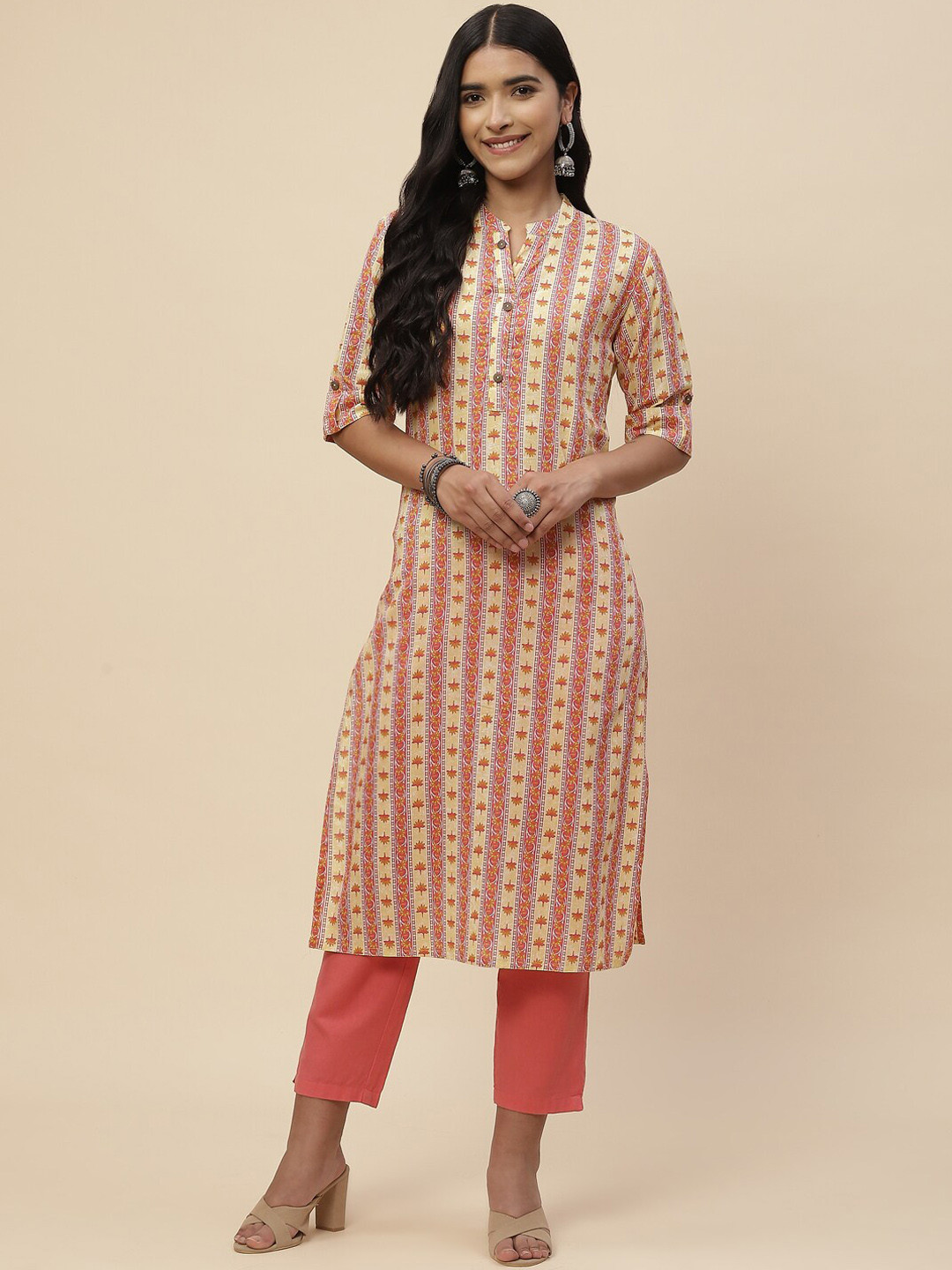 

Meena Bazaar Women Yellow & Pink Ethnic Motifs Printed Pure Cotton Kurta