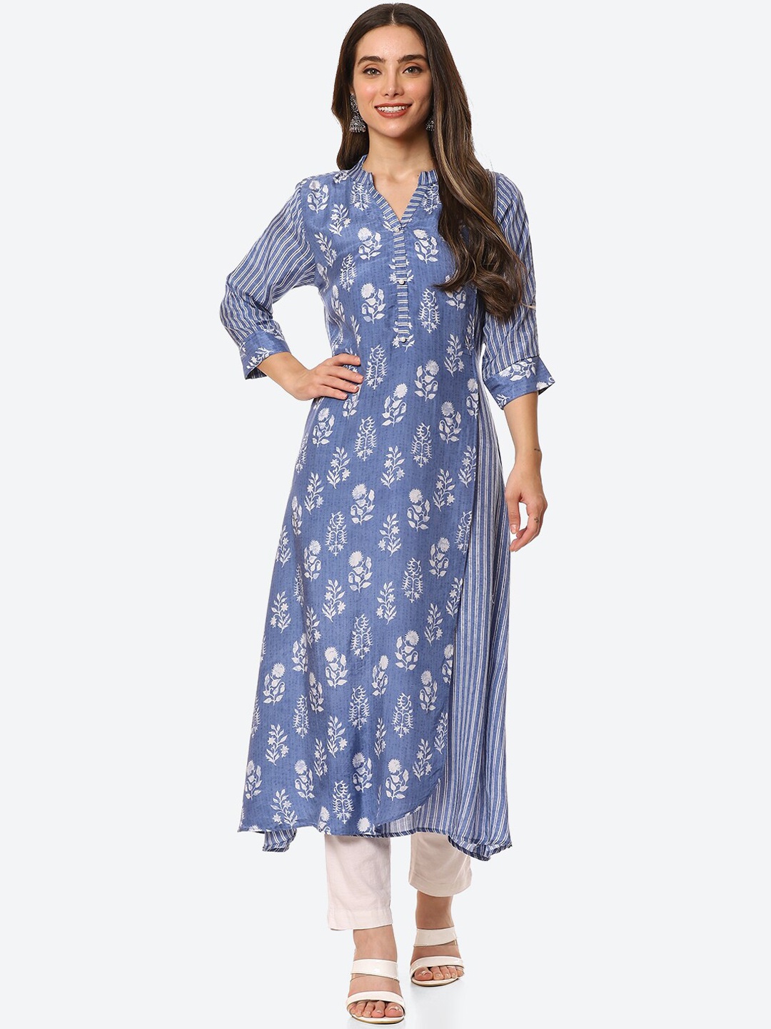 

Meena Bazaar Women Blue Floral Printed Dupion Silk A-line Kurta