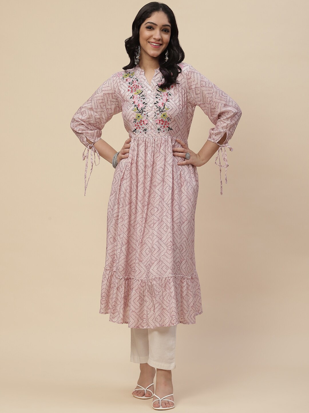 

Meena Bazaar Women Pink Floral Embroidered Thread Work Dupion Silk A-Line Kurta