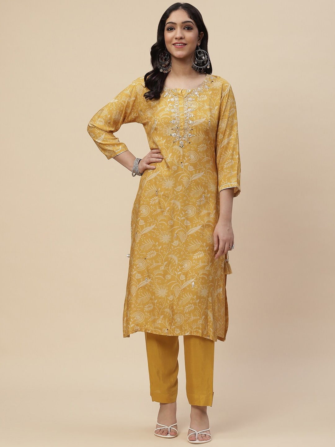 

Meena Bazaar Women Mustard Yellow Floral Printed Mirror Work Dupion Silk KurtaSets