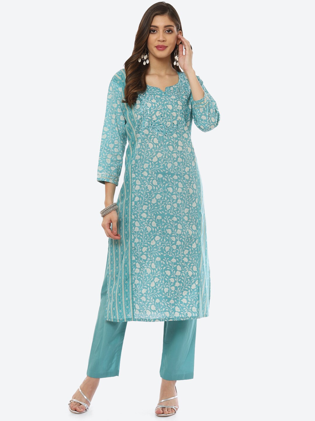 

Meena Bazaar Women Sea Green Floral Printed Mirror Work Pure Cotton Kurta with Trouser
