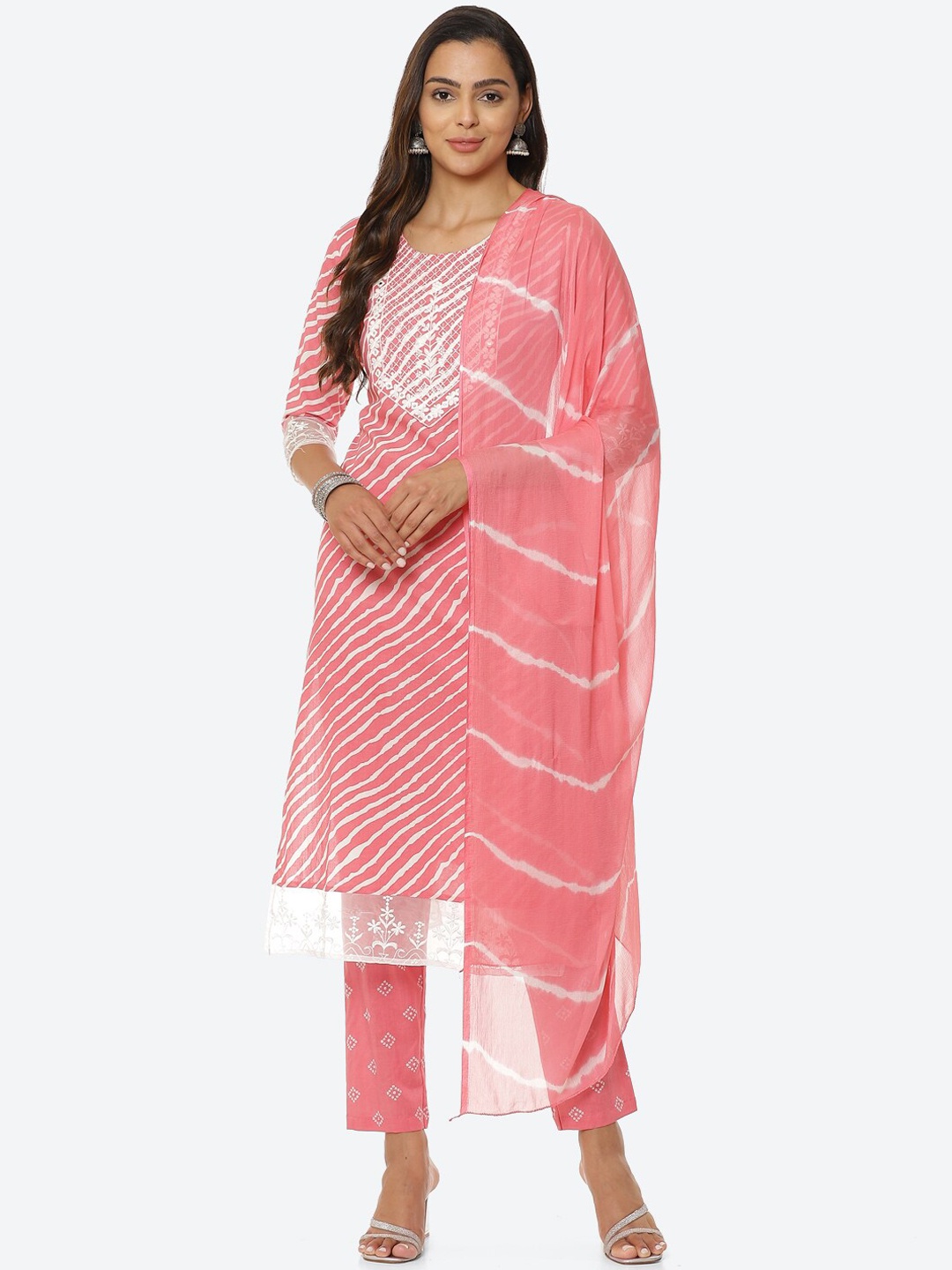 

Meena Bazaar Women Pink Striped Mirror Work Pure Cotton Kurta with Trousers & With Dupatta