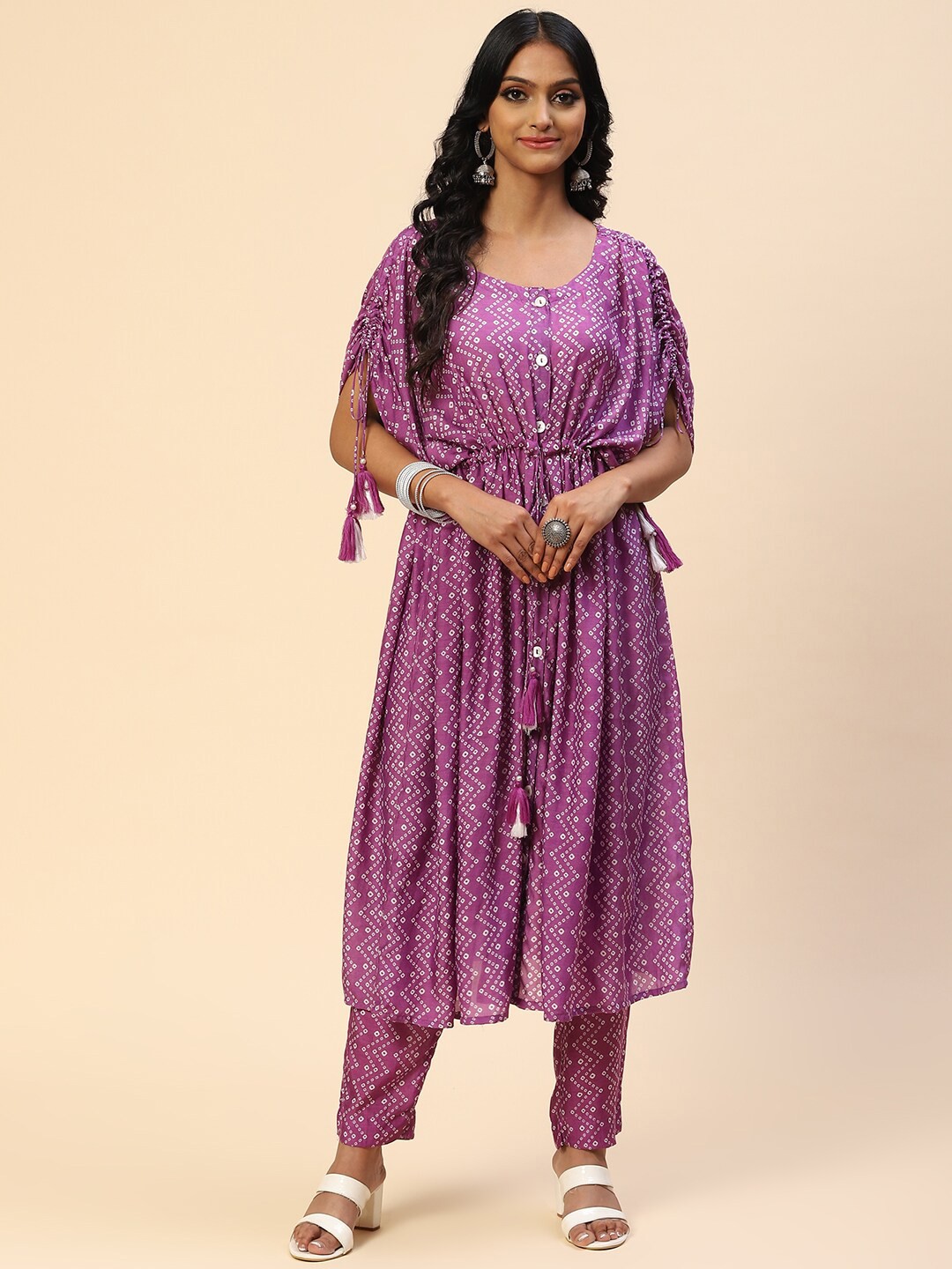 

Meena Bazaar Women Purple Bandhani Printed Kurta with Trousers