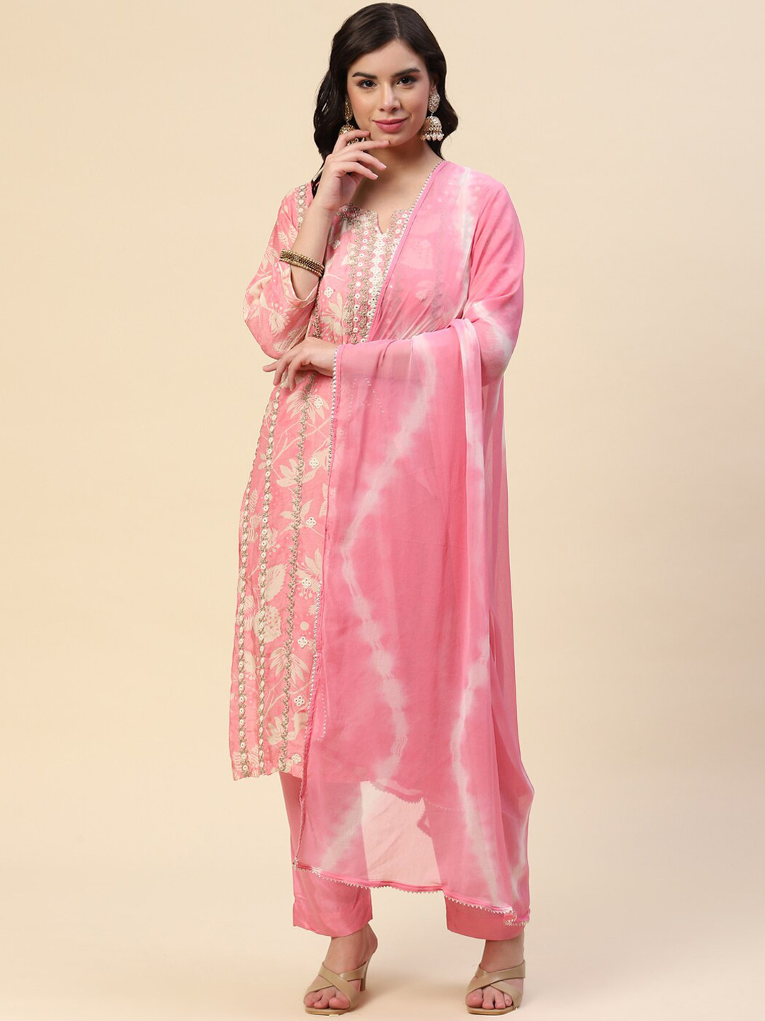 

Meena Bazaar Women Pink Embroidered Pure Cotton Kurta with Trousers & With Dupatta