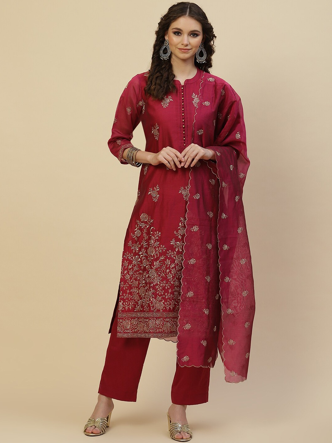 

Meena Bazaar Women Magenta Floral Embroidered Chanderi Silk Kurta with Trousers & With Dupatta