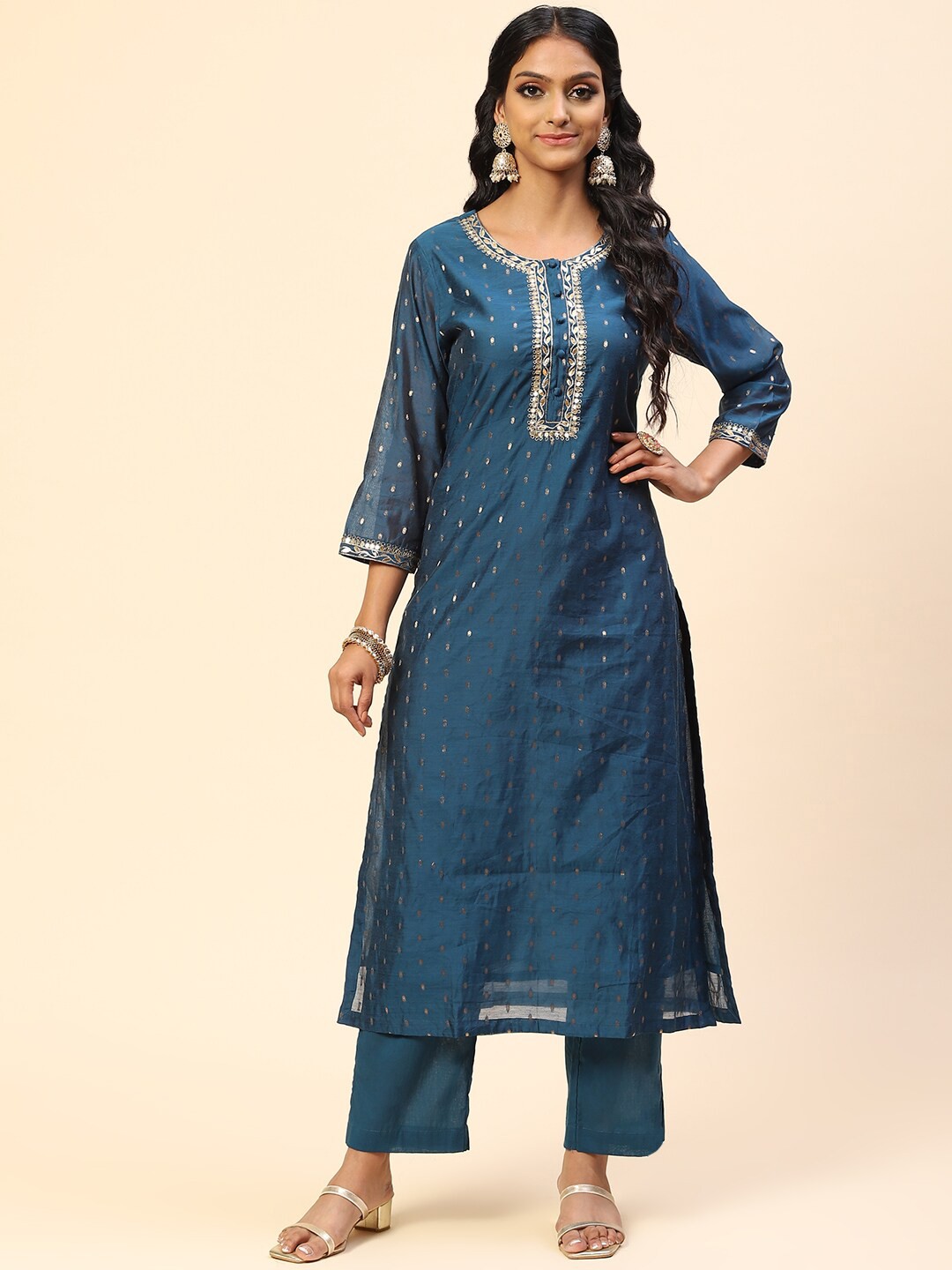 

Meena Bazaar Women Blue Ethnic Motifs Thread Work Chanderi Silk Kurta with Trousers