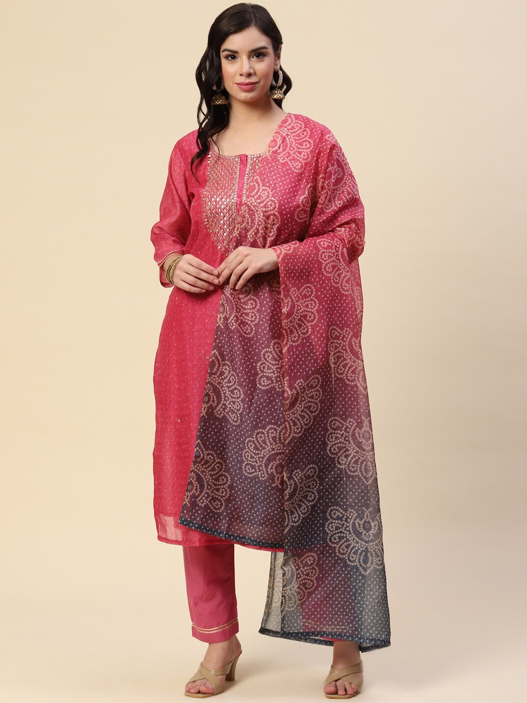 

Meena Bazaar Women Pink Ethnic Motifs Chanderi Silk Kurta with Trousers & Dupatta