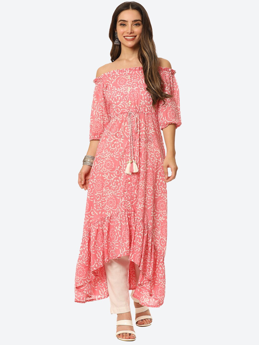 

Meena Bazaar Women Pink Floral Printed Off-Shoulder Pure Cotton Kurta