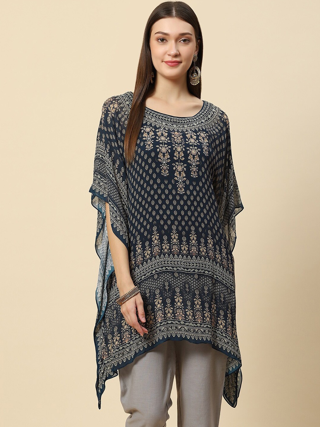 

Meena Bazaar Women Navy Blue Floral Printed Flared Sleeves Georgette Kaftan Kurta