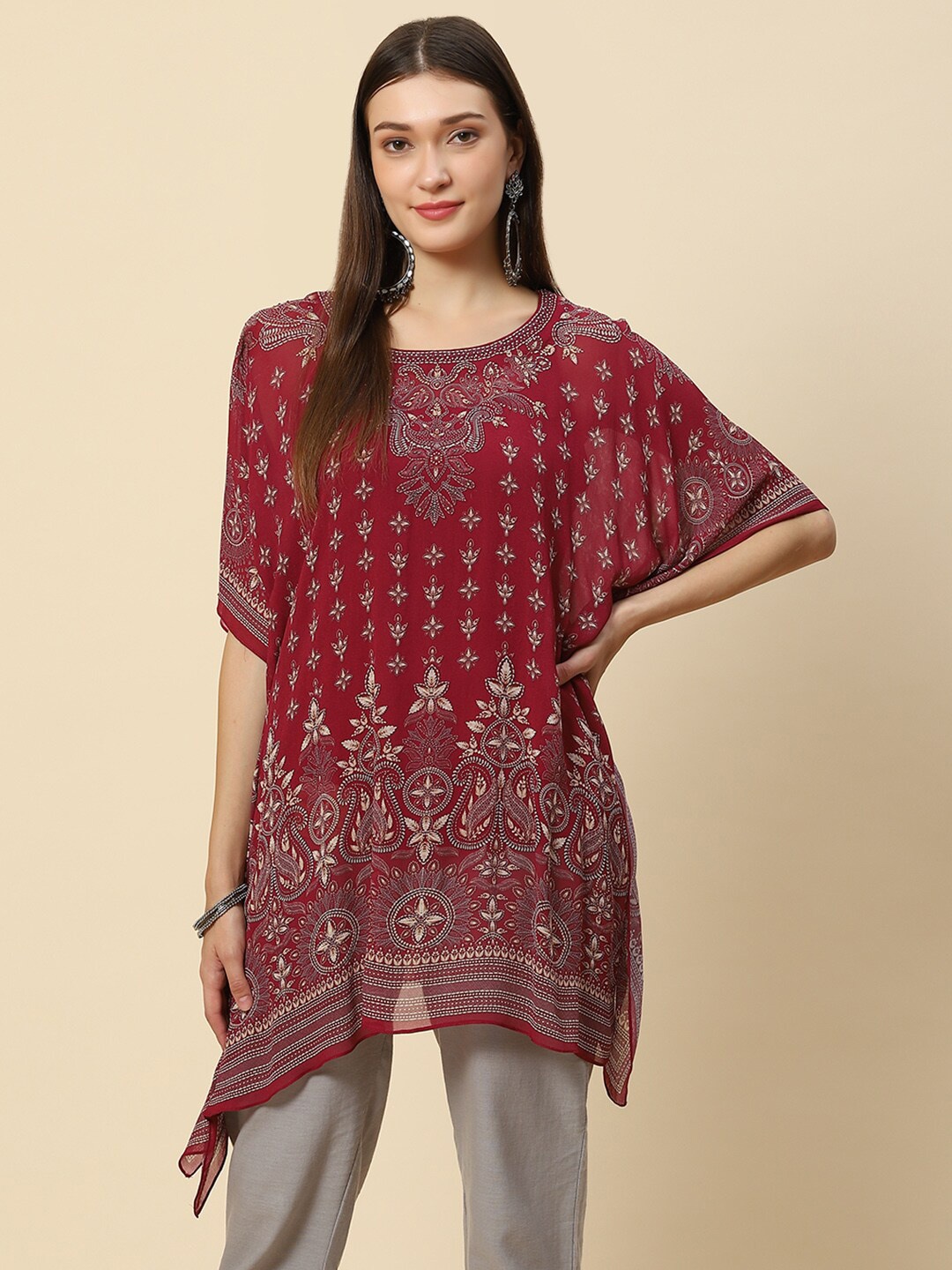 

Meena Bazaar Maroon Ethnic Motifs Printed Flared Sleeves Pure Georgette Kaftan Kurti