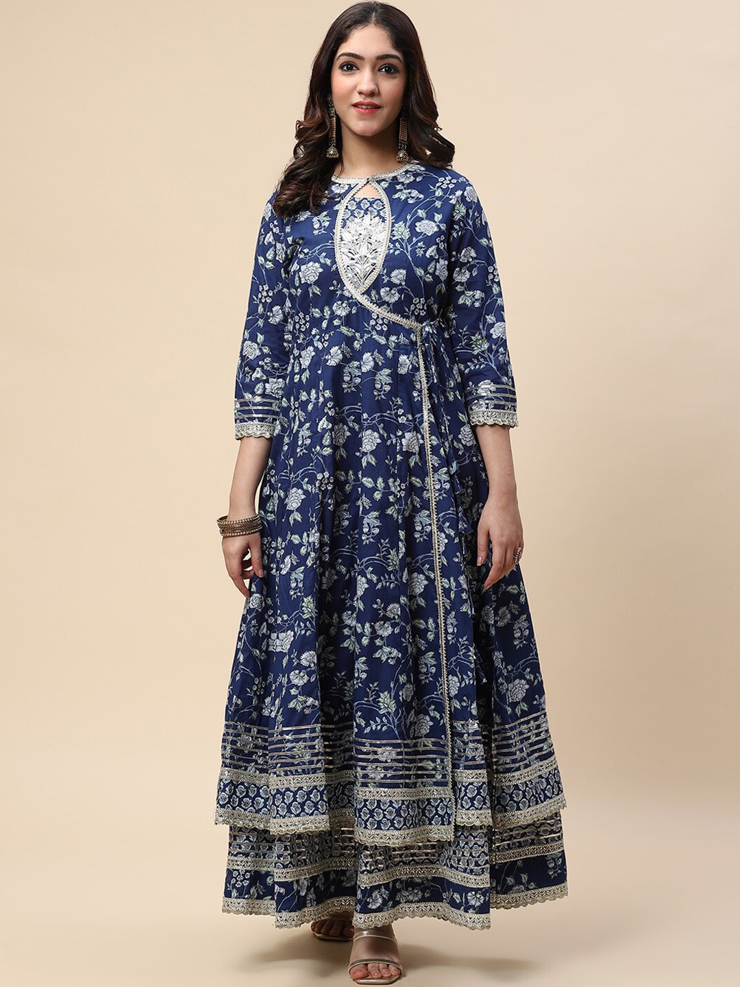 

Meena Bazaar Women Floral Printed Gotta Patti Pure Cotton Kurta, Blue