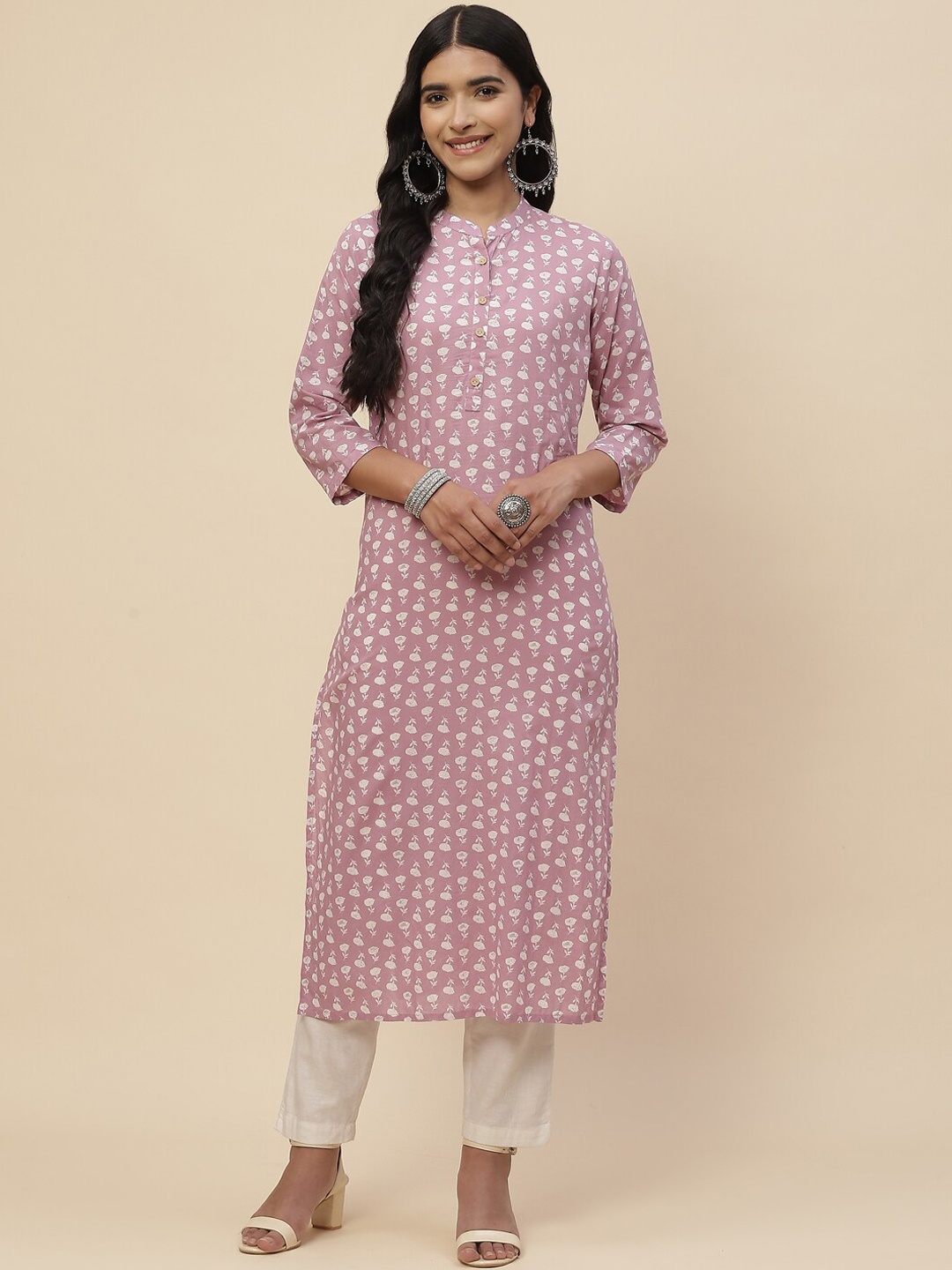 

Meena Bazaar Women Lavender & White Ethnic Motifs Printed Cotton Kurta