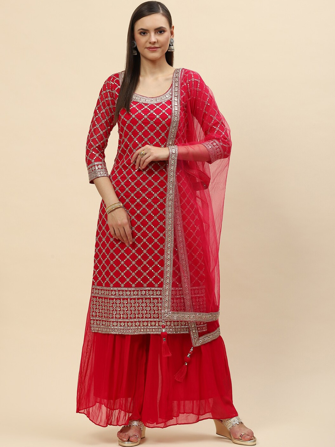 

Meena Bazaar Women Red Embroidered Sequinned Kurta with Sharara & Dupatta