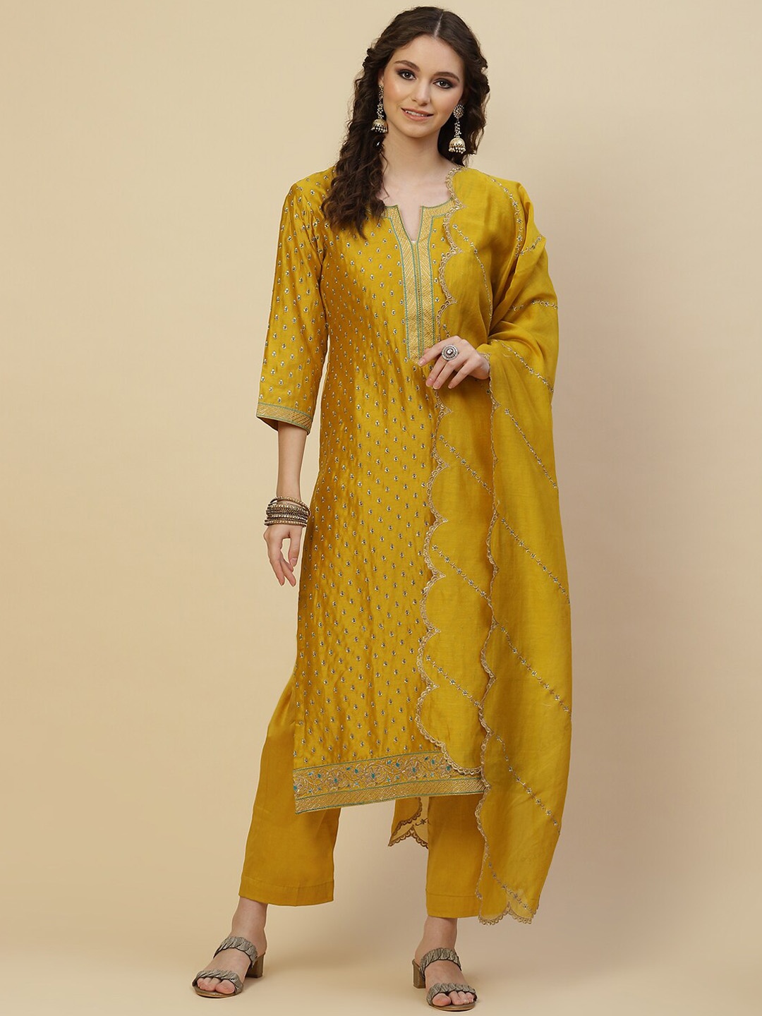 

Meena Bazaar Women Mustard Yellow Floral Embroidered Chanderi Silk Kurta Set
