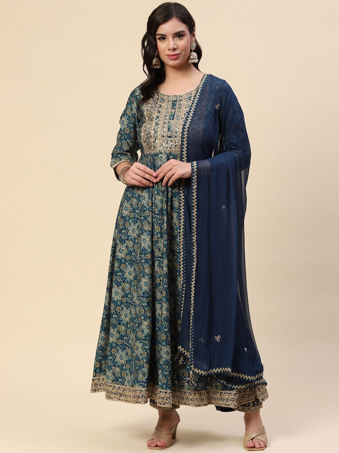 

Meena Bazaar Women Teal Floral Printed Pleated Pure Cotton Kurta with Trousers & With Dupatta