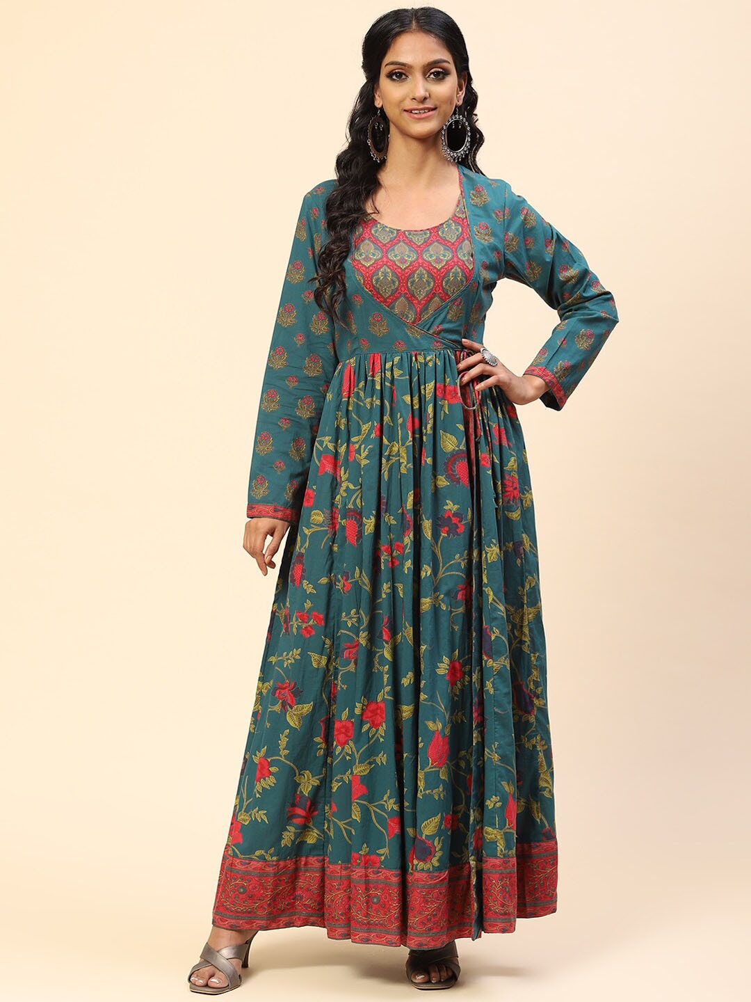 

Meena Bazaar Women Green & Pink Floral Embroidered Anarkali Pure Cotton Kurta