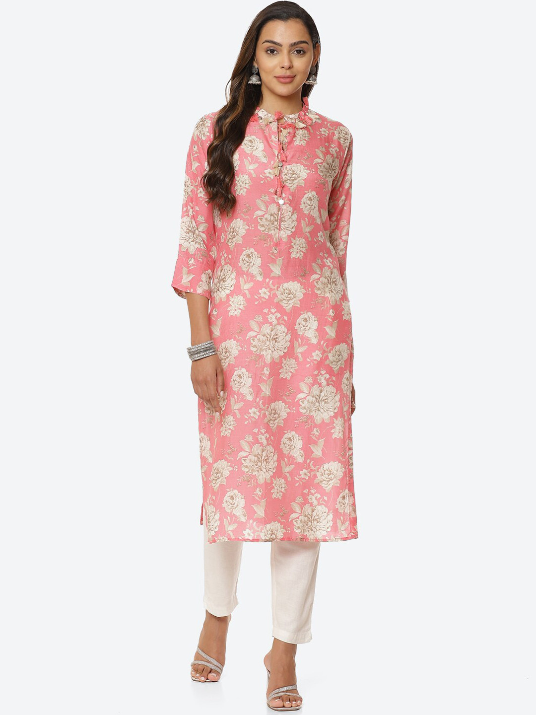 

Meena Bazaar Women Pink Floral Printed Straight Fit Dupion Silk Kurta