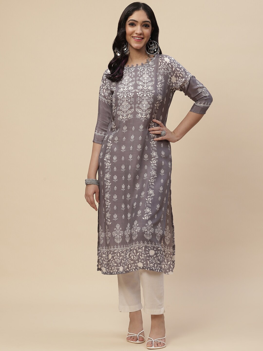 

Meena Bazaar Women Grey Floral Yoke Design Mirror Work Dupion Silk Kurta