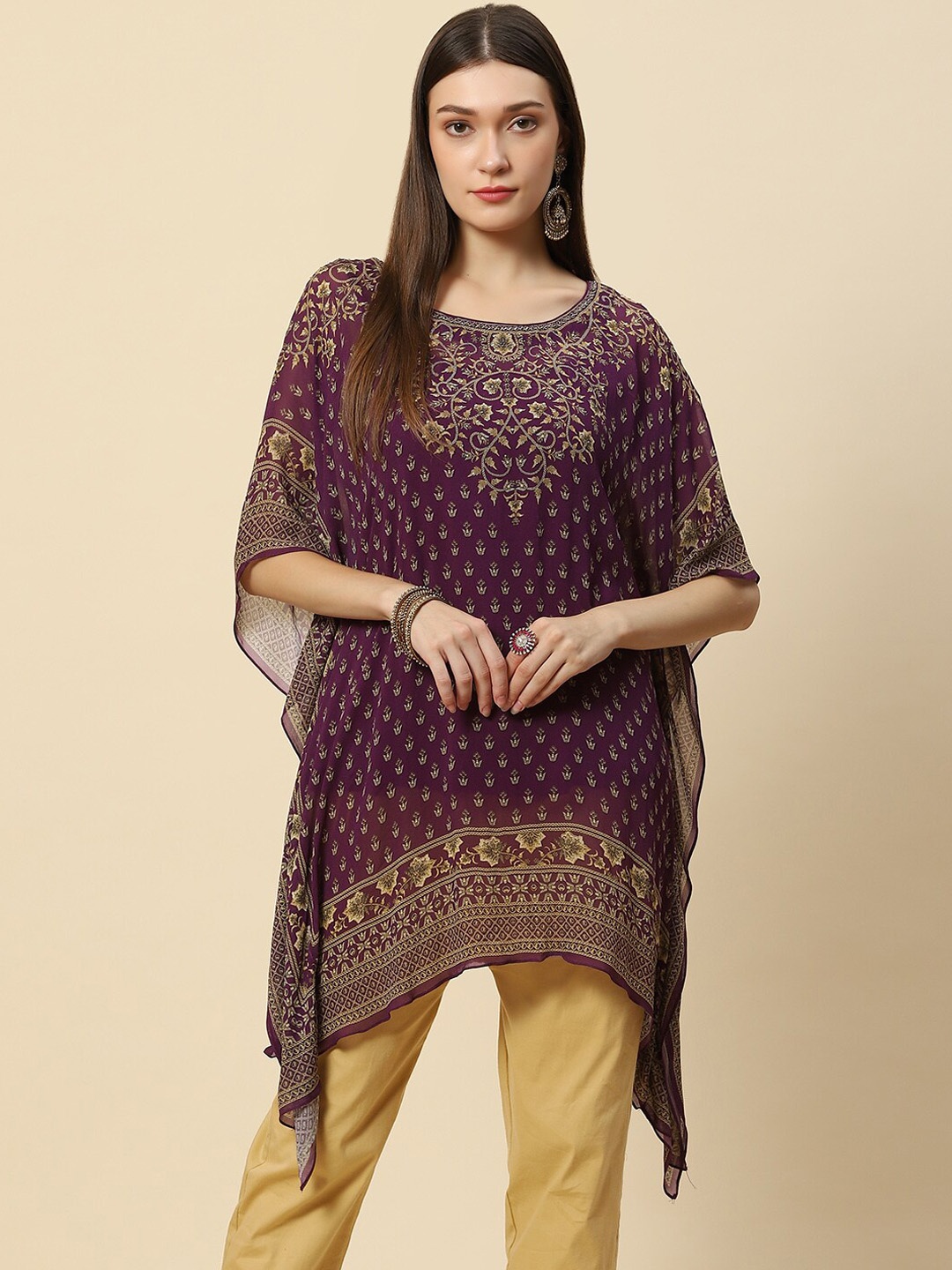 

Meena Bazaar Purple Ethnic Motifs Printed Flared Sleeves Pure Georgette Kaftan Kurti