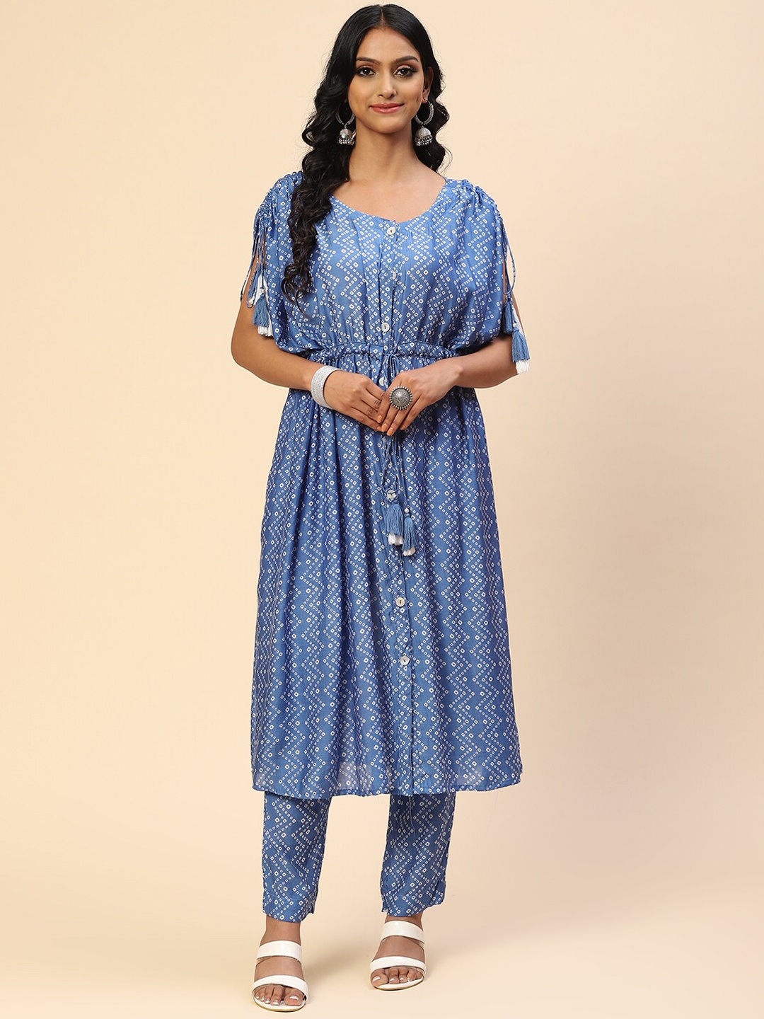 

Meena Bazaar Women Blue Bandhani Printed Empire Dupion Silk Kurta with Trousers