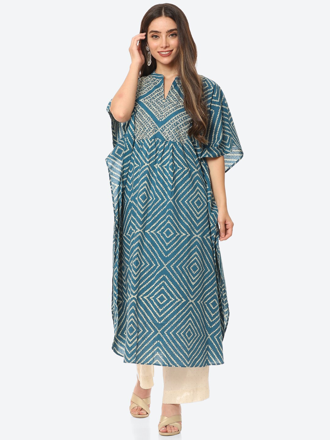 

Meena Bazaar Women Blue & Beige Geometric Printed Flared Sleeves Gotta Patti Kaftan Kurta