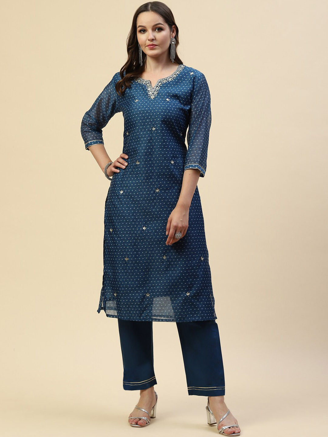 

Meena Bazaar Women Blue Printed Thread Work Chanderi Silk Kurta with Trouser