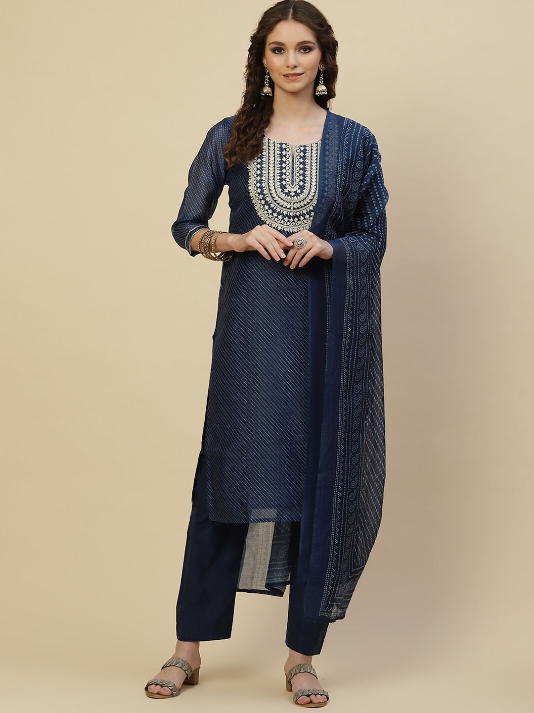 

Meena Bazaar Women Navy Blue Geometric Printed Chanderi Silk Kurta with Trouser & Dupatta