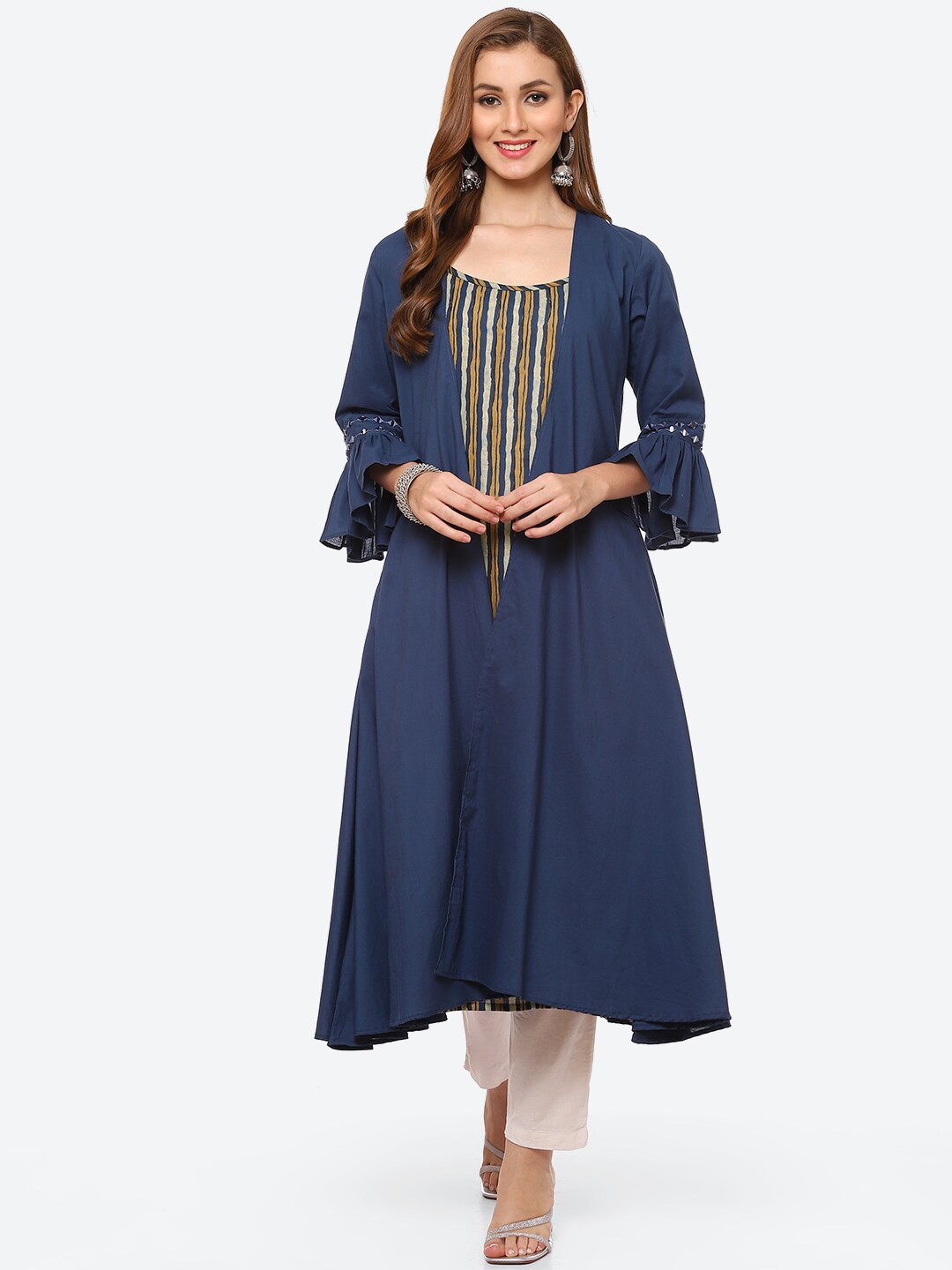 

Meena Bazaar Women Blue & Yellow Striped Flared Sleeves Kurta