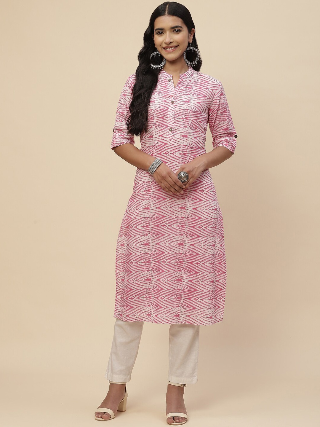 

Meena Bazaar Chevron Printed Cotton Kurta, Pink