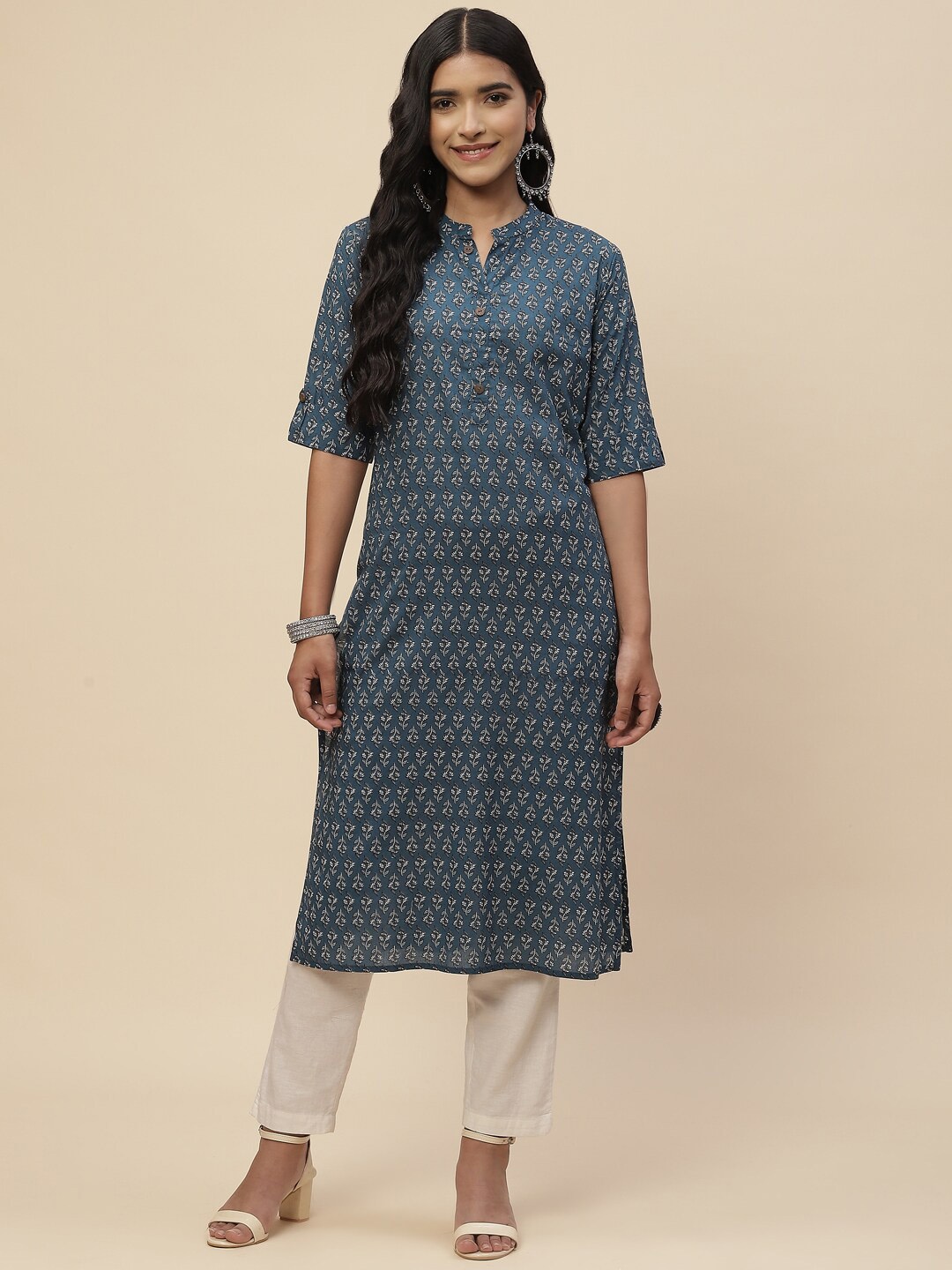 

Meena Bazaar Ethnic Motifs Printed Pure Cotton Kurta, Teal