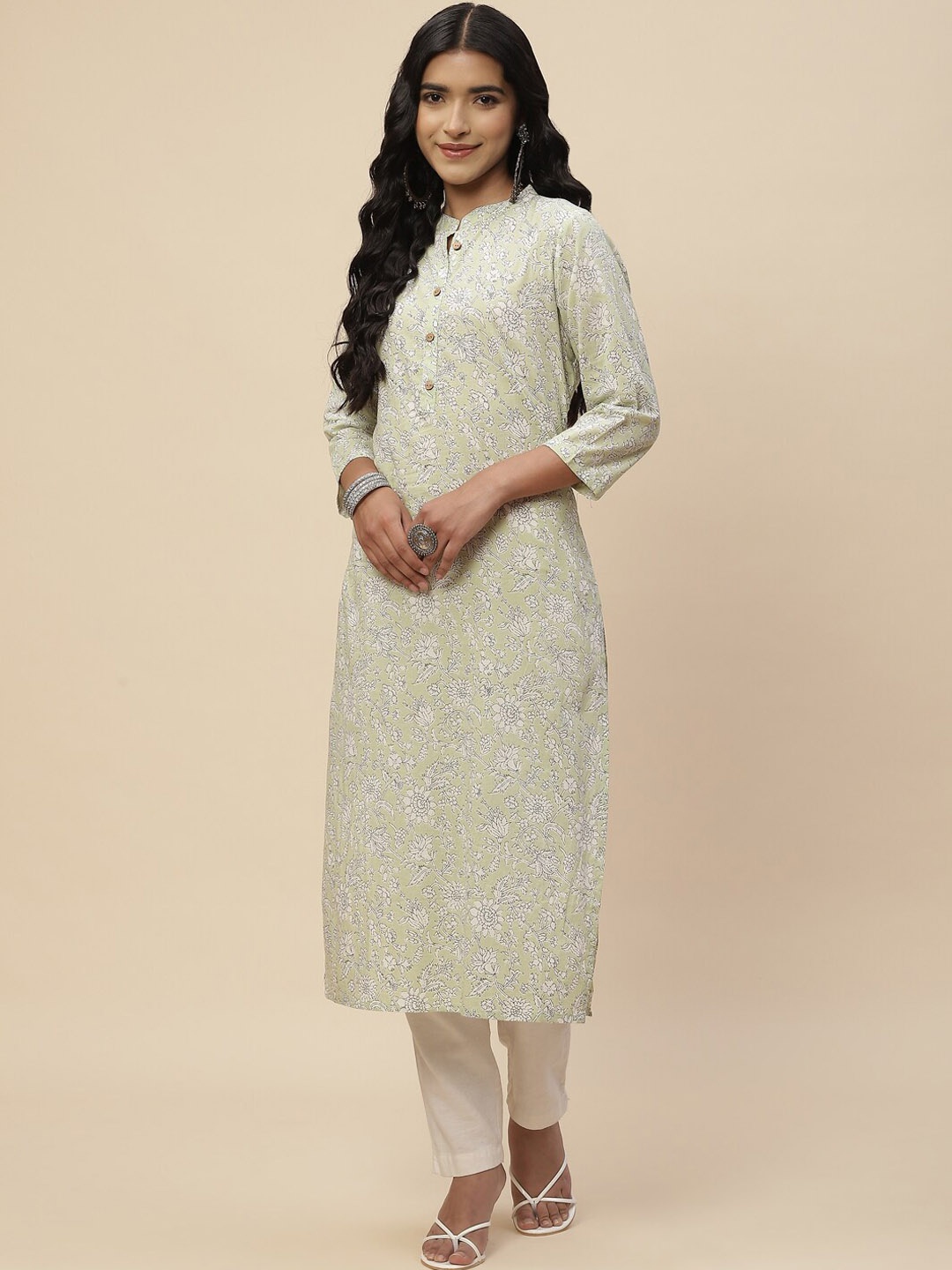 

Meena Bazaar Women Floral Printed Pure Cotton Kurta, Olive