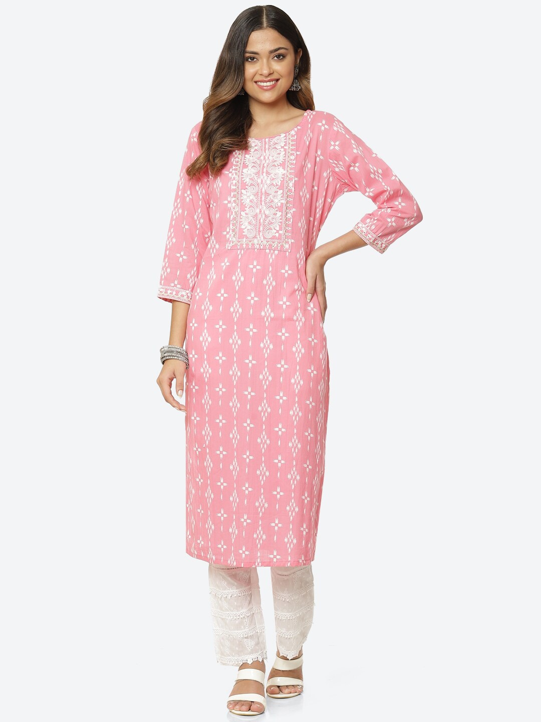 

Meena Bazaar Women Pink Ethnic Motifs Printed Pure Cotton Kurta