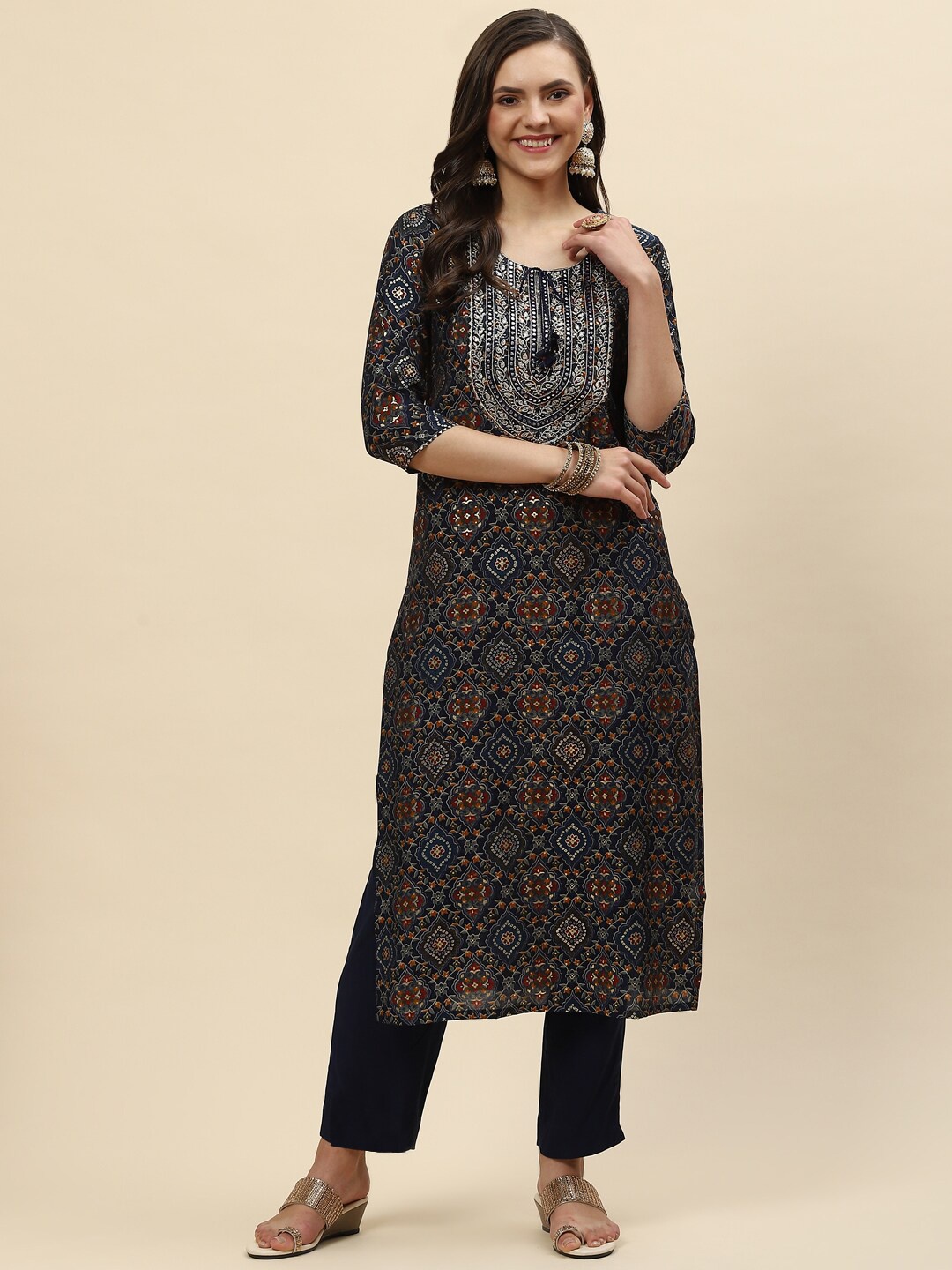 

Meena Bazaar Women Navy Blue Floral Printed Dupion Silk Kurta with Trousers