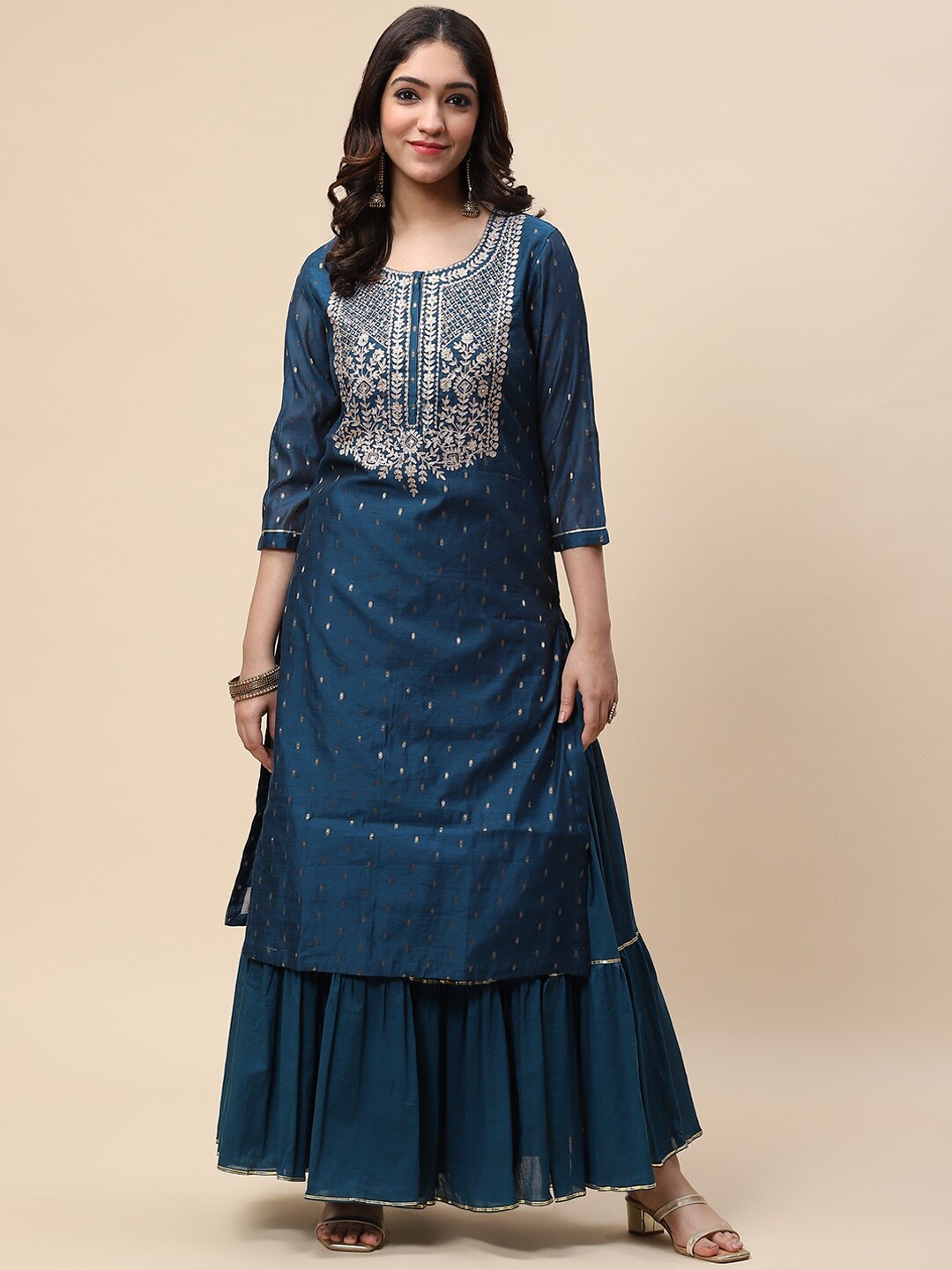 

Meena Bazaar Women Teal Ethnic Motifs Embroidered Chanderi Silk Kurta with Sharara