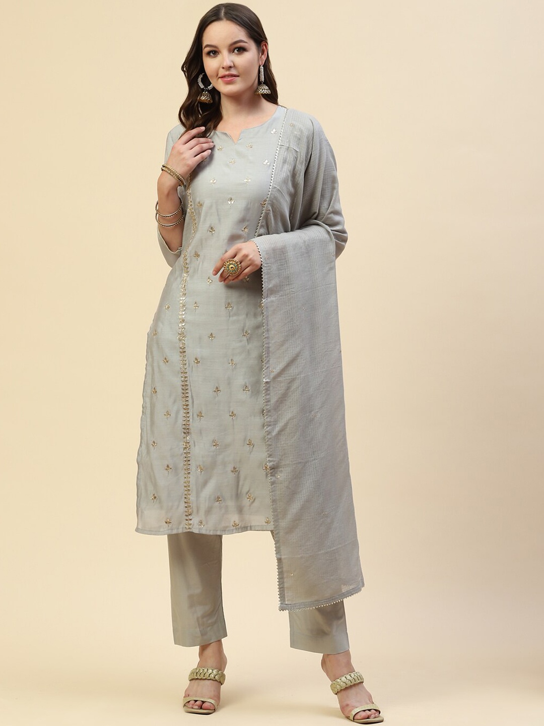 

Meena Bazaar Women Grey Floral Embroidered Thread Work Chanderi Silk Kurta with Trousers & With Dupatta