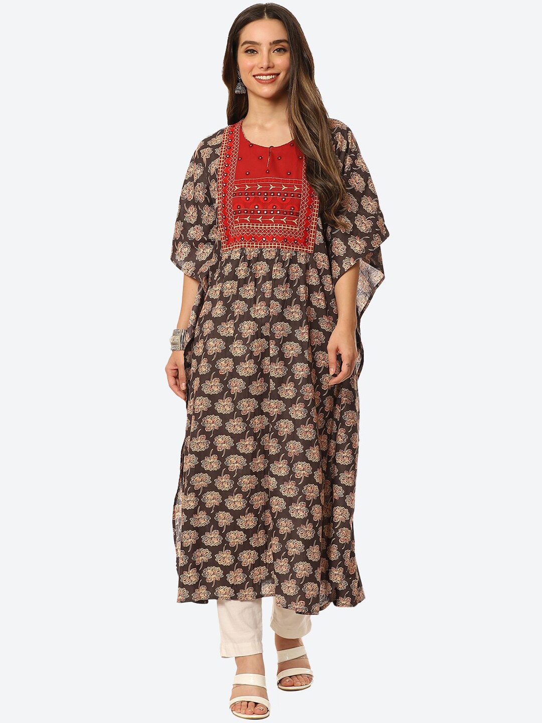 

Meena Bazaar Ethnic Motifs Printed Flared Straight Sleeves Kaftan Kurta, Brown