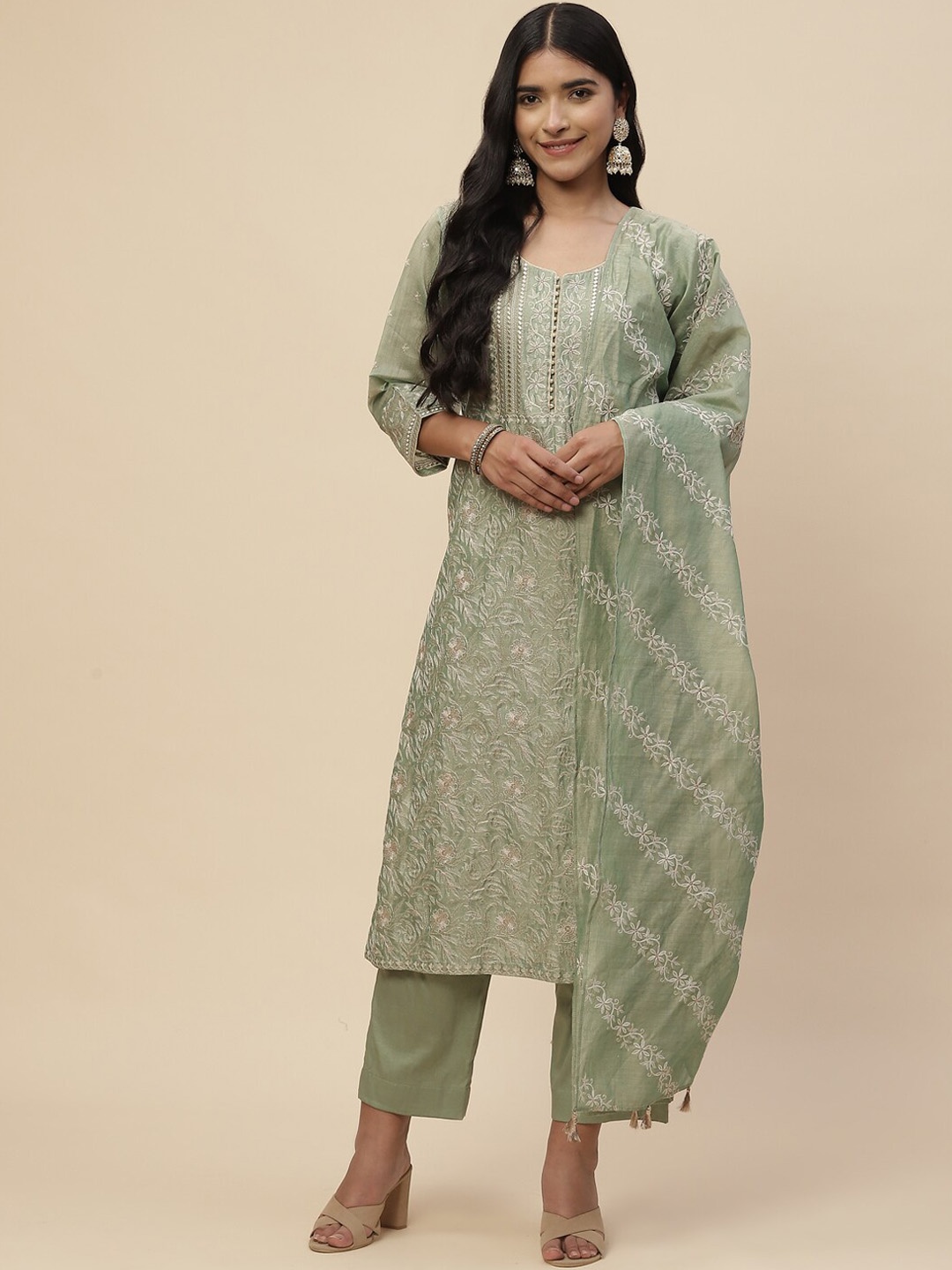 

Meena Bazaar Women Green Floral Embroidered Chanderi Silk Kurta with Trousers & With Dupatta