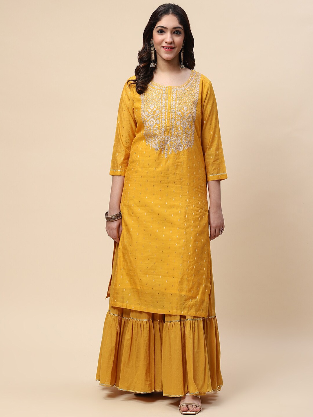 

Meena Bazaar Women Mustard Yellow Floral Embroidered Chanderi Silk Kurta with Skirt